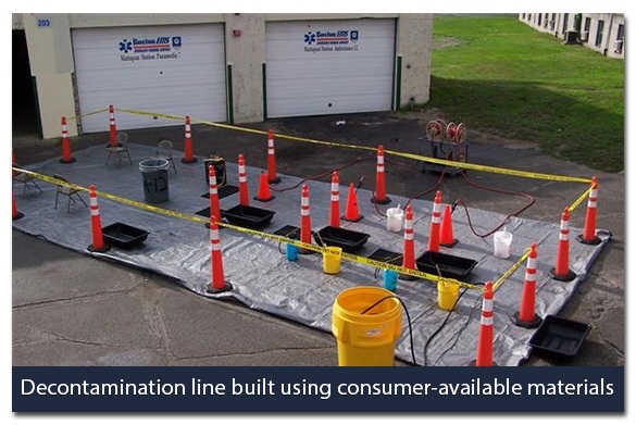 Decontamination line built using consumer-available materials. Commerical inflatable tent. Note separate lanes for ambulatory and non-ambulatory victims